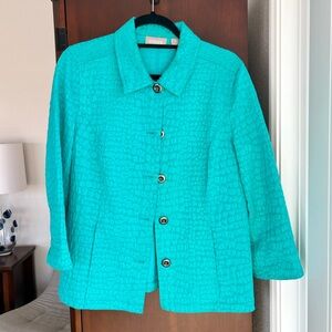 Chico's Turquoise Textured Blazer with Three-Quarter Sleeves